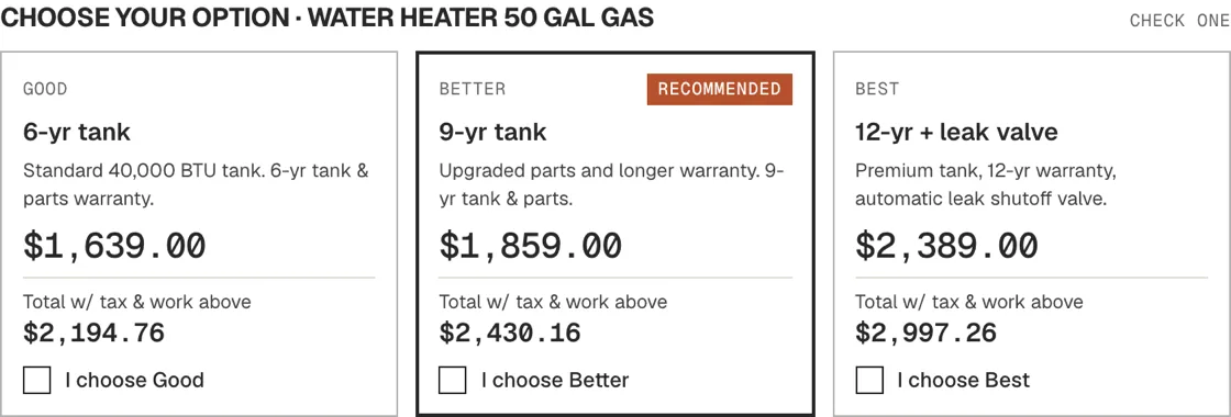 The option section of a PriceWrench estimate: Good 6-year tank $1,639, Better 9-year tank $1,859 marked Recommended, Best 12-year tank with leak valve $2,389, each with a total including tax and a checkbox for the customer.